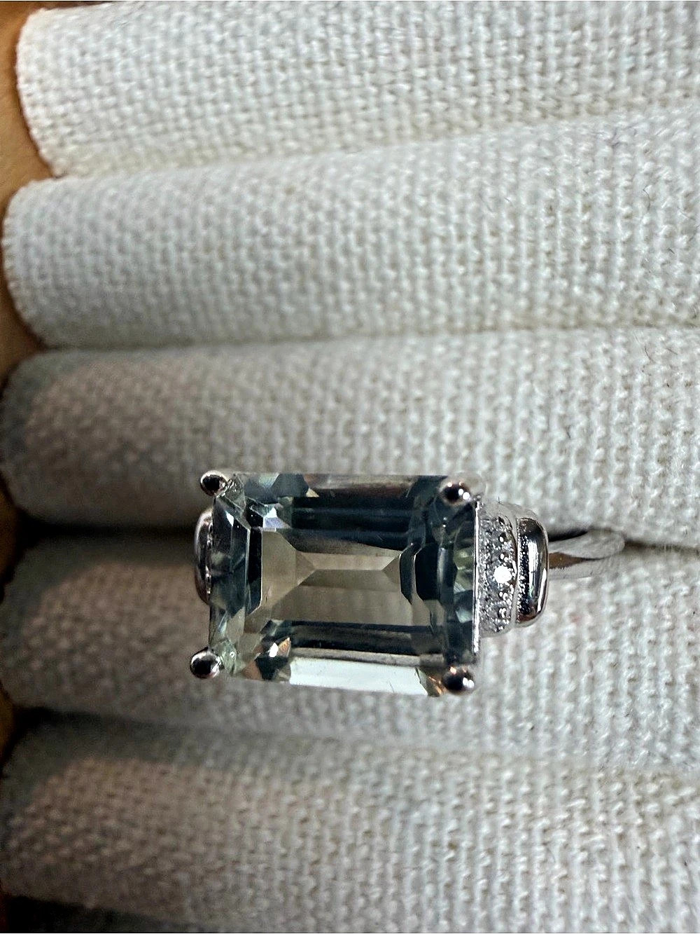 Natural Green Amethyst and Diamond Accent Ring in Sterling Silver Size 7